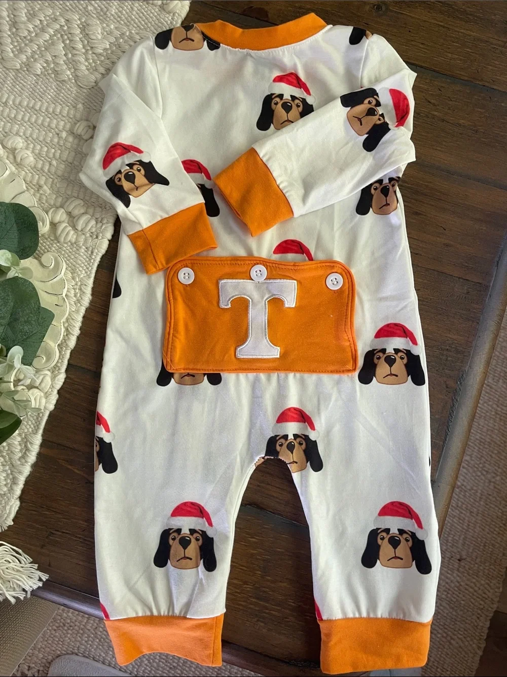 Holiday TN Smokey  Zip-Front One-Piece Pajamas in White with Orange Trim